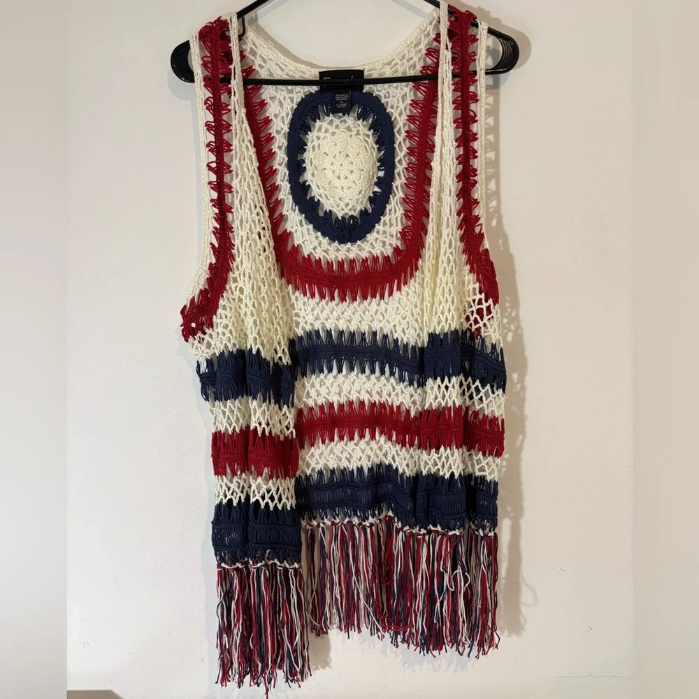 Frazzle Women’s XL Open Front Sleeveless Shirt Crocheted Fringe Patriotic Summer - Picture 1 of 6